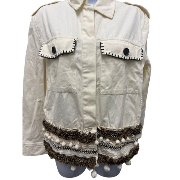 Zara Womens SZ S Jacket white brown emblished seashells tassels button beach - Picture 7 of 7